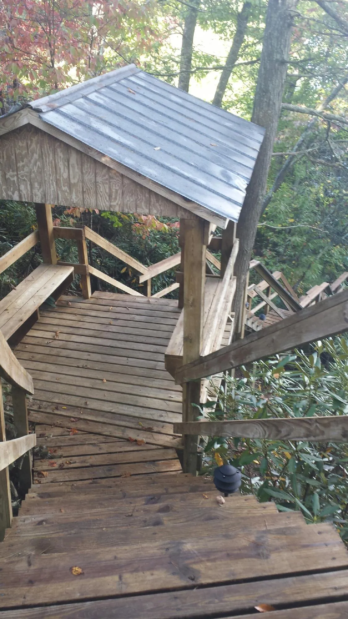 Metal roofed shelter over wooden steps on a wooded walkway — Skylight Repair & Installation work by our crew in Williamson